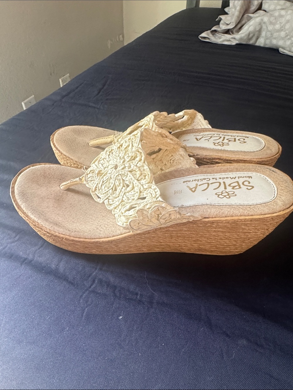 Sbicca Cream Crochet Wedge Thong Sandals